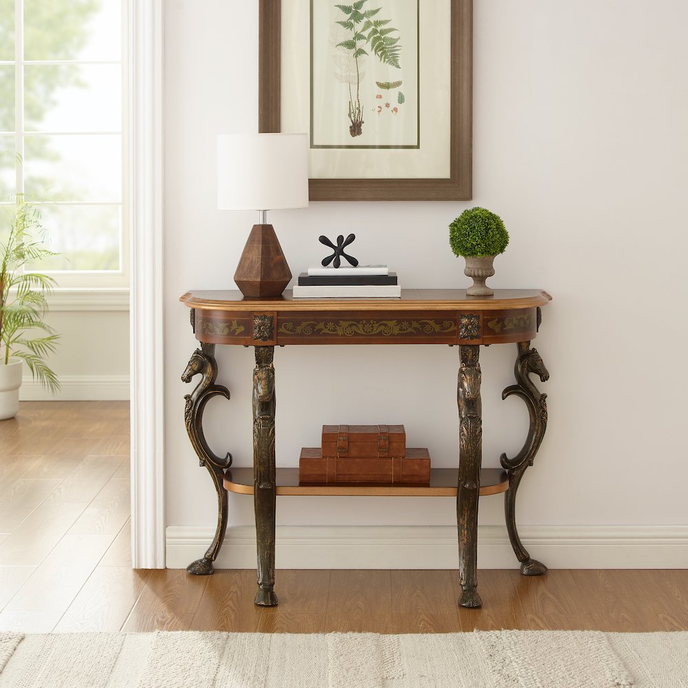 Masterpiece Floral Demilune Console Table with Horse head, Hoofed-foot Cast Legs & Display Shelf. Picture 3