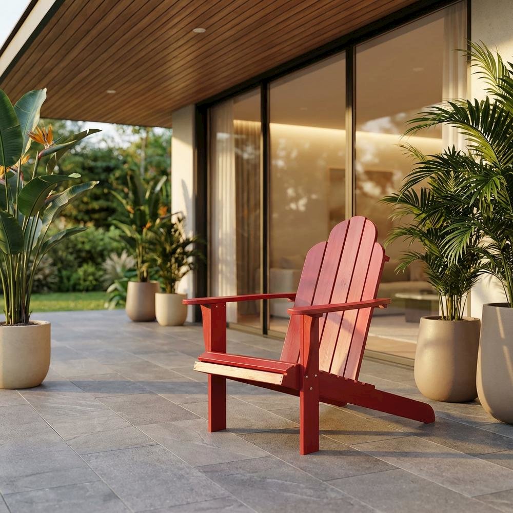 Red Adirondack Chair With Solid Wood Construction And Comfortable Design. Picture 2