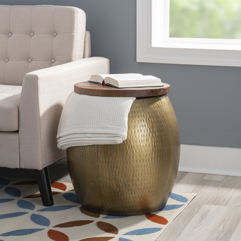 Royce Drum Side Table With Storage Brass. Picture 2