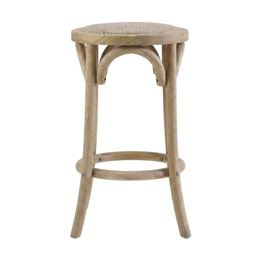 Elm Wood Counter Stool with Rattan Seat Backless Design, Brown Finish. Picture 1
