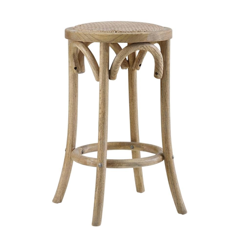 Elm Wood Counter Stool with Rattan Seat Backless Design, Brown Finish. Picture 3