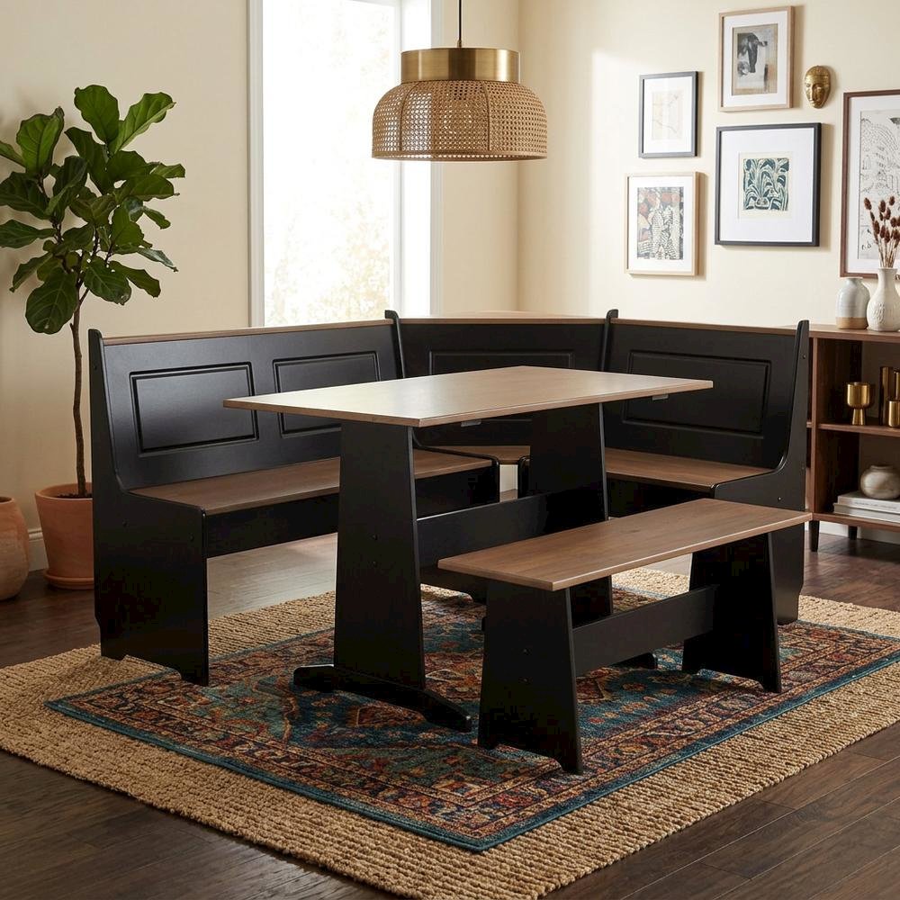 Black and Pecan Dining Furniture Set with Solid Wood Accents and MDF Framework. Picture 4