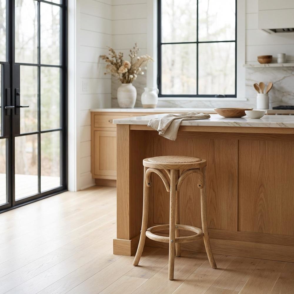 Elm Wood Counter Stool with Rattan Seat Backless Design, Brown Finish. Picture 2