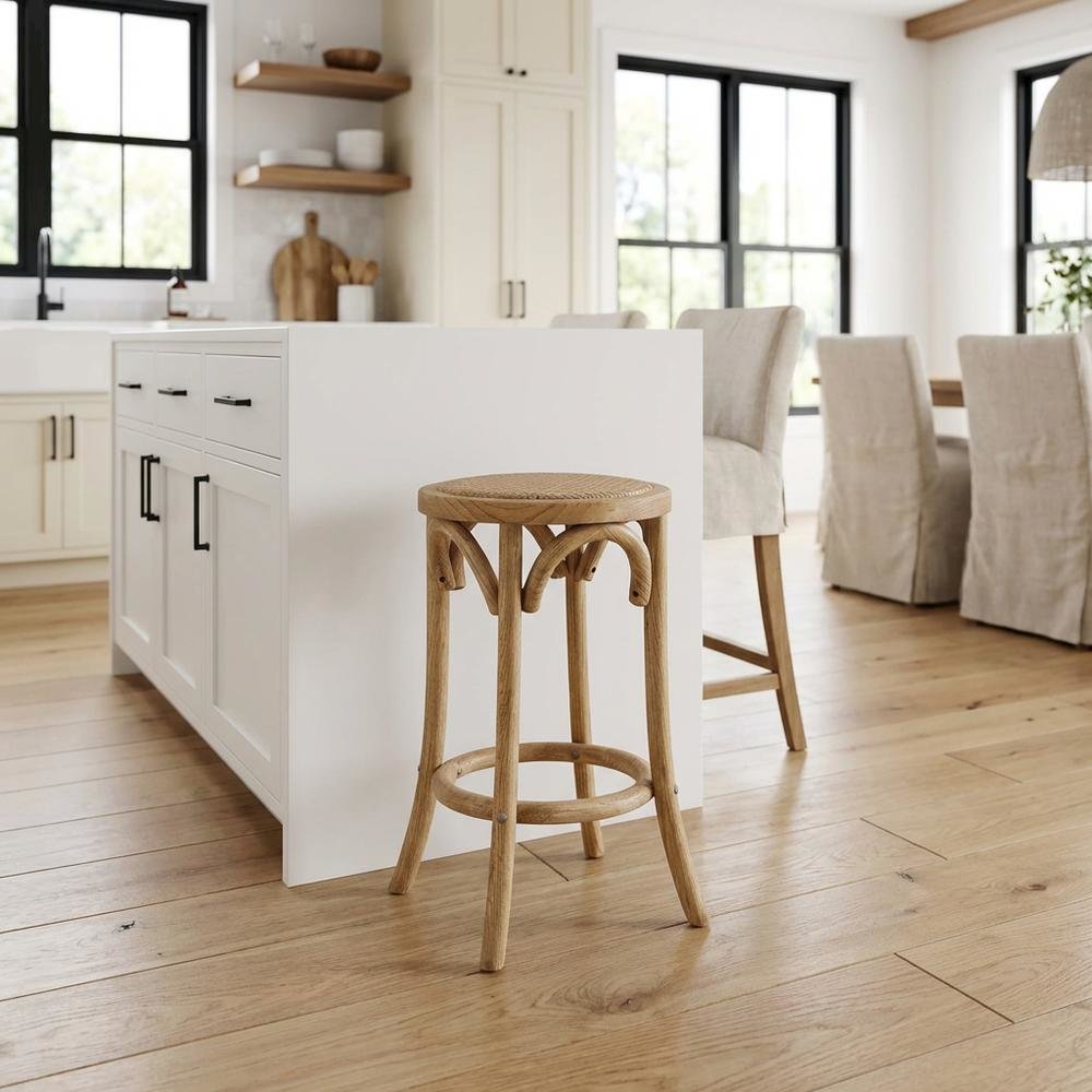 Elm Wood Counter Stool with Rattan Seat Backless Design, Brown Finish. Picture 7