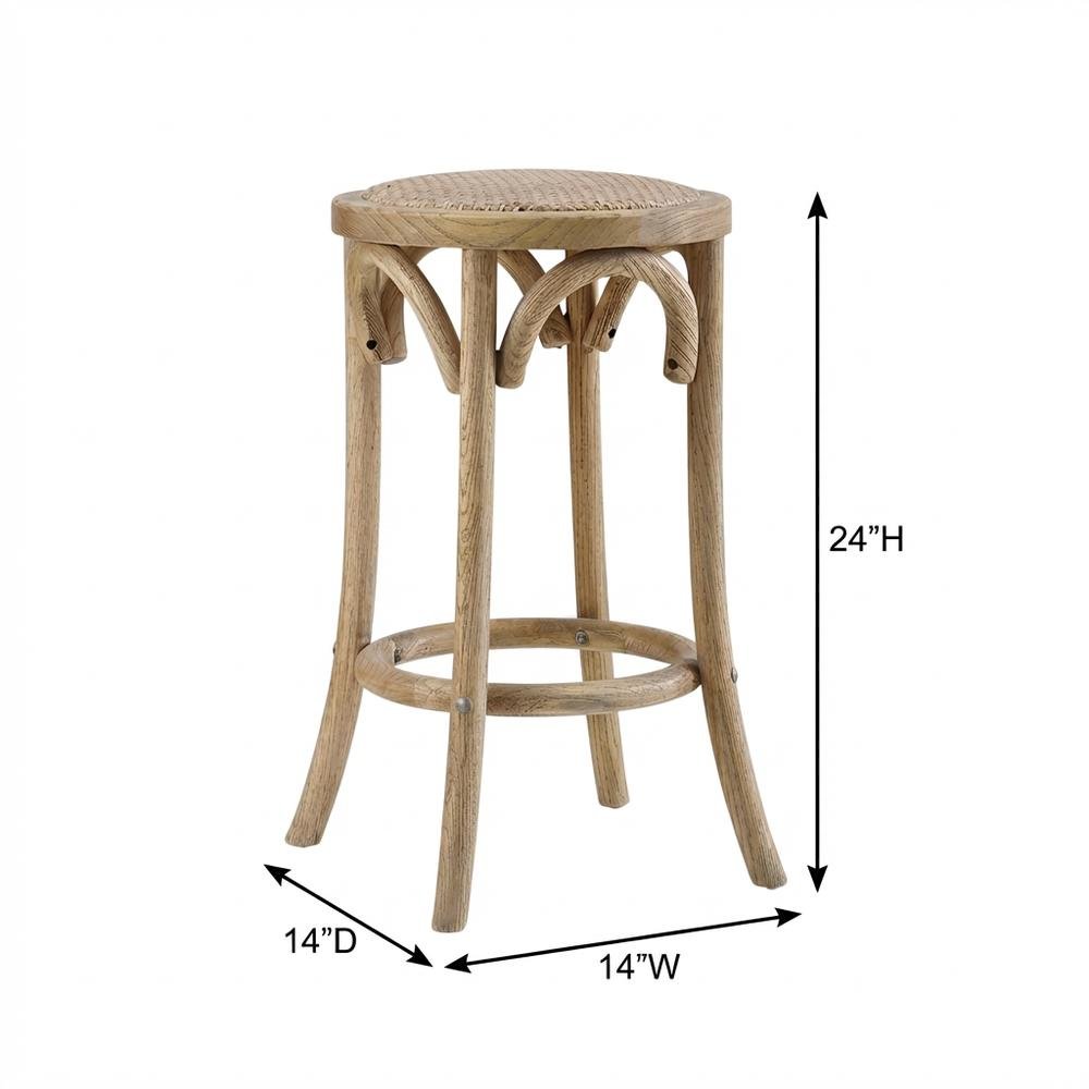 Elm Wood Counter Stool with Rattan Seat Backless Design, Brown Finish. Picture 4