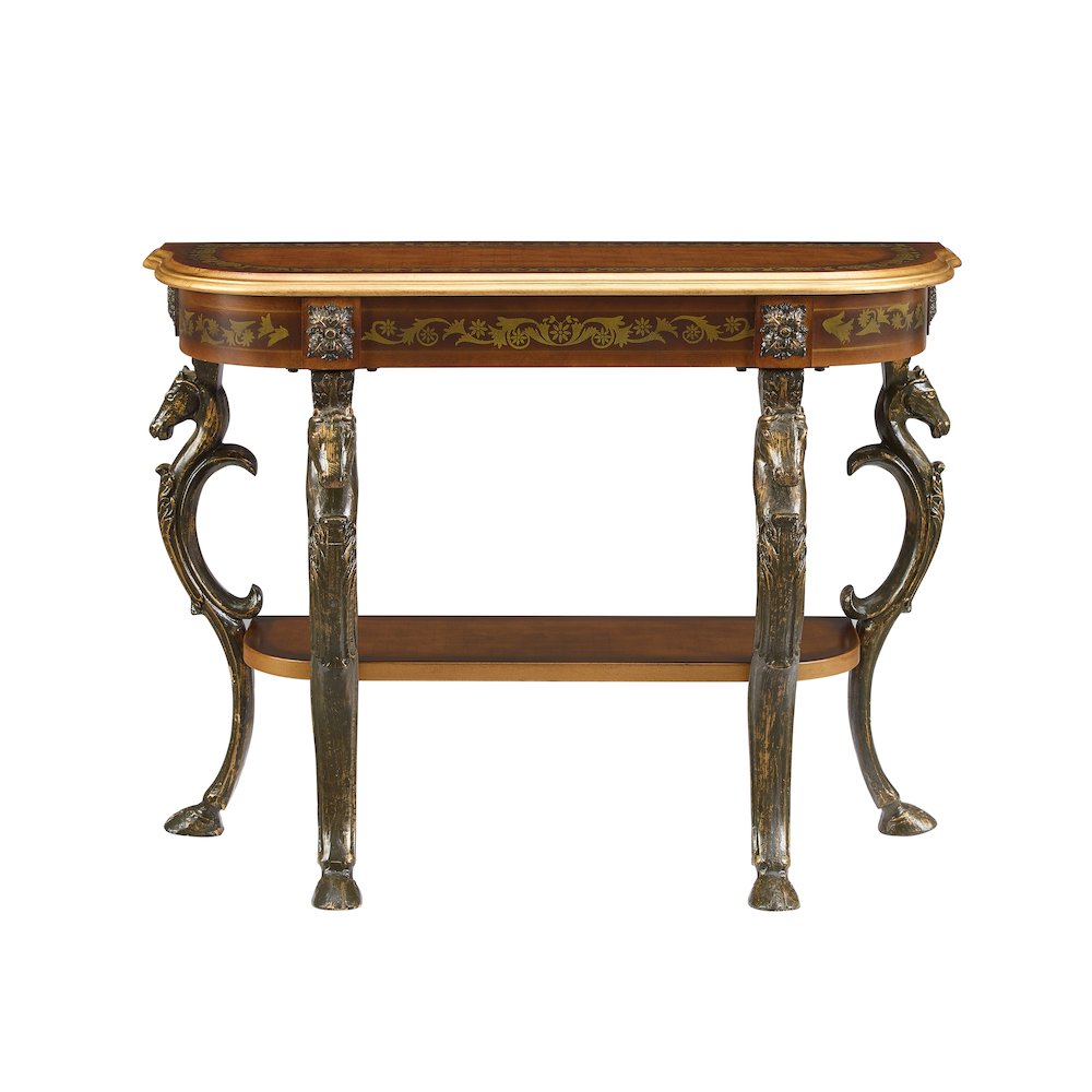 Masterpiece Floral Demilune Console Table with Horse head, Hoofed-foot Cast Legs & Display Shelf. Picture 2