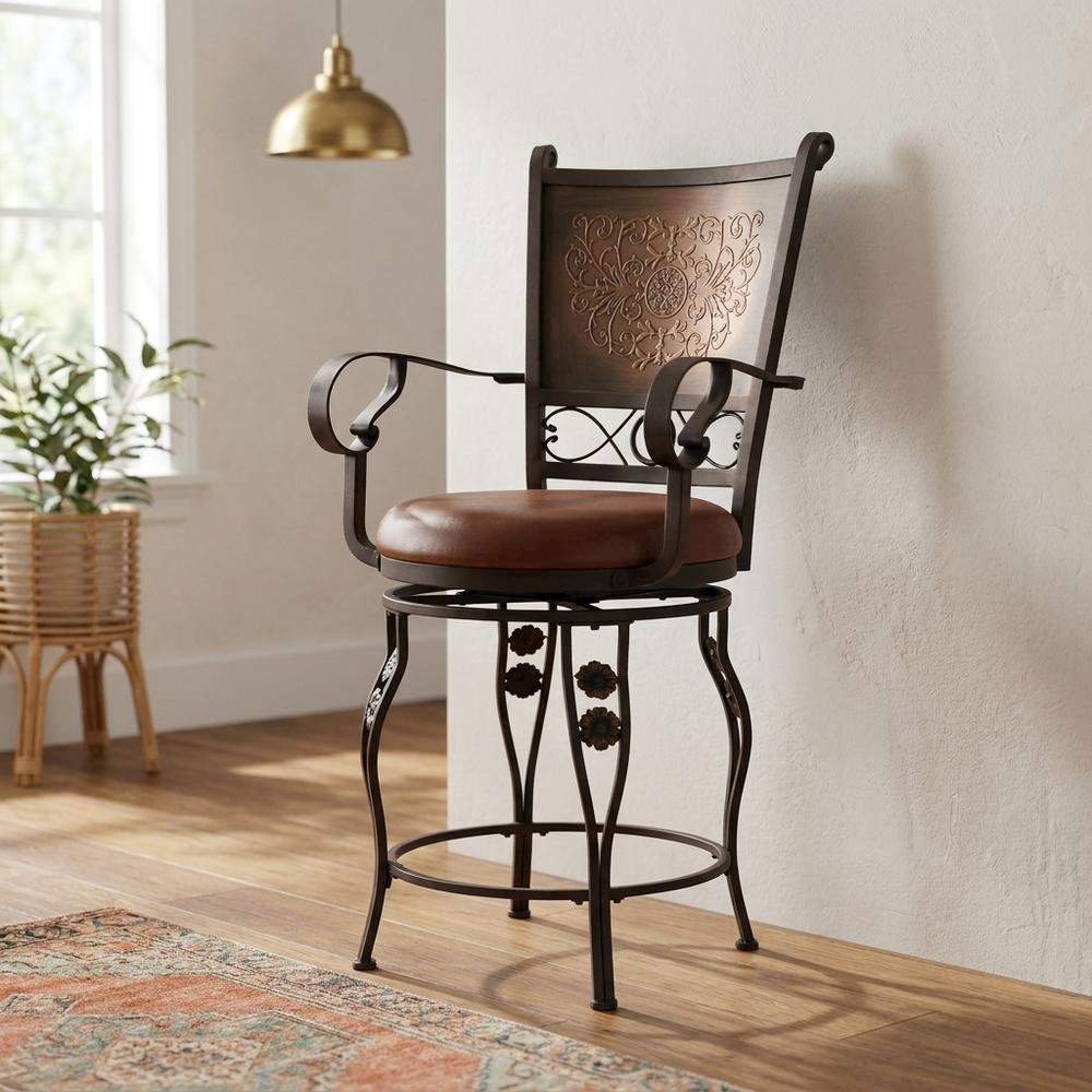 Copper Stamped Back Counter Stool with Arms and Ergonomic Design. Picture 2