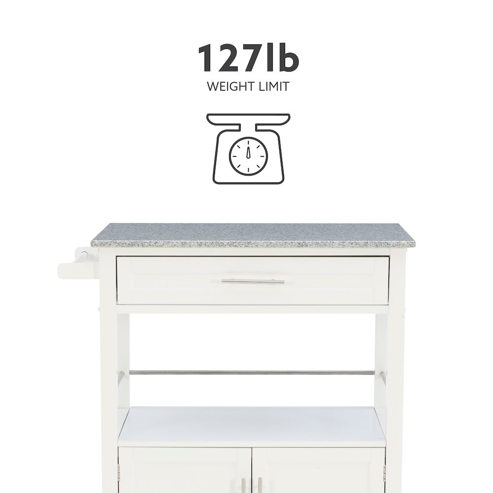 Cameron White Kitchen Cart With Granite Top. Picture 17