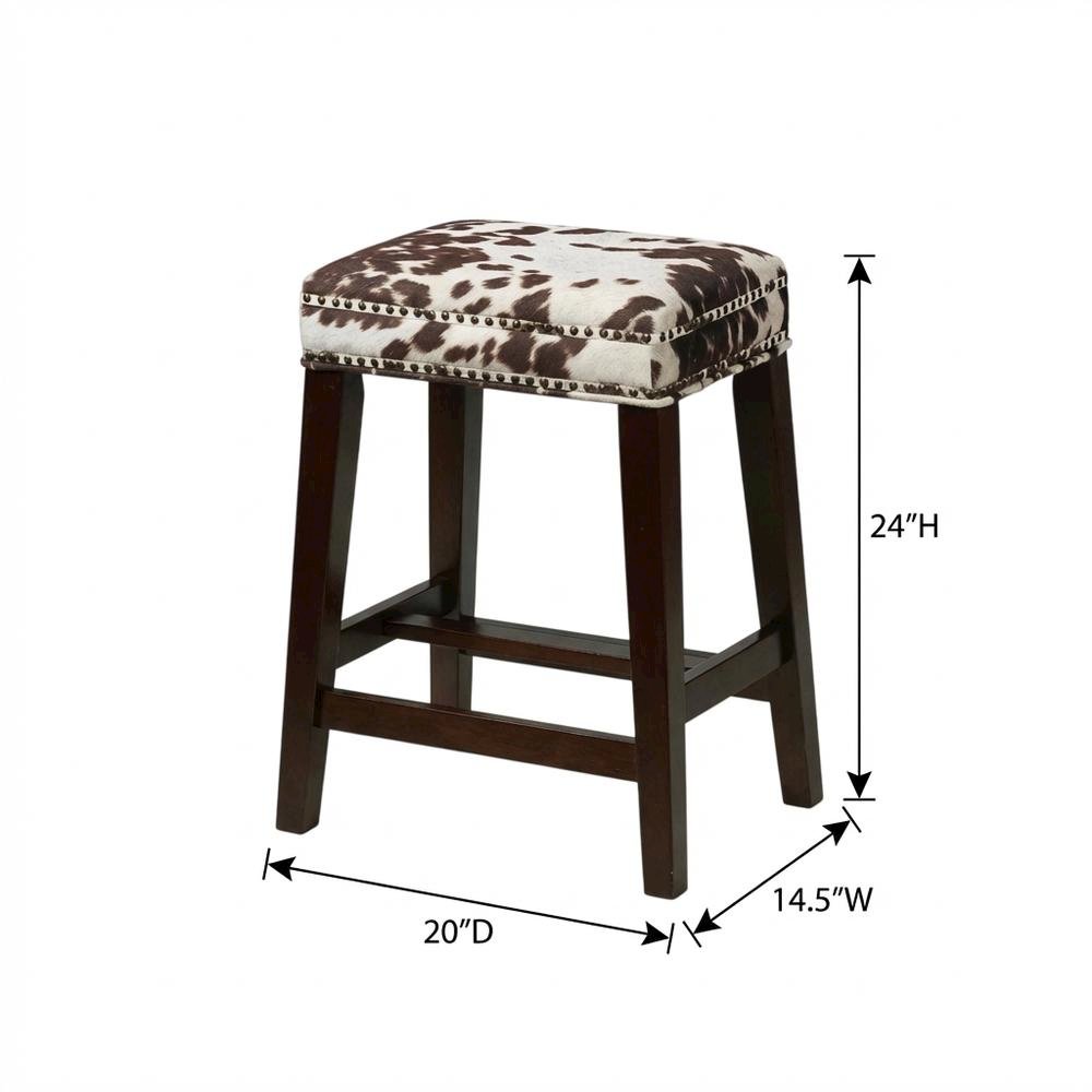 Brown Cow Print Counter Stool with Solid Wood Frame and Cushioned Seat. Picture 3