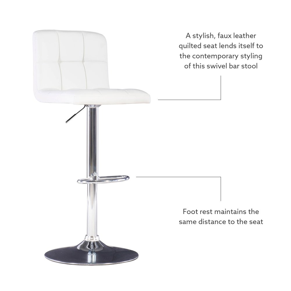 White Quilted Faux Leather & Chrome Adjustable Height Bar Stool. Picture 14