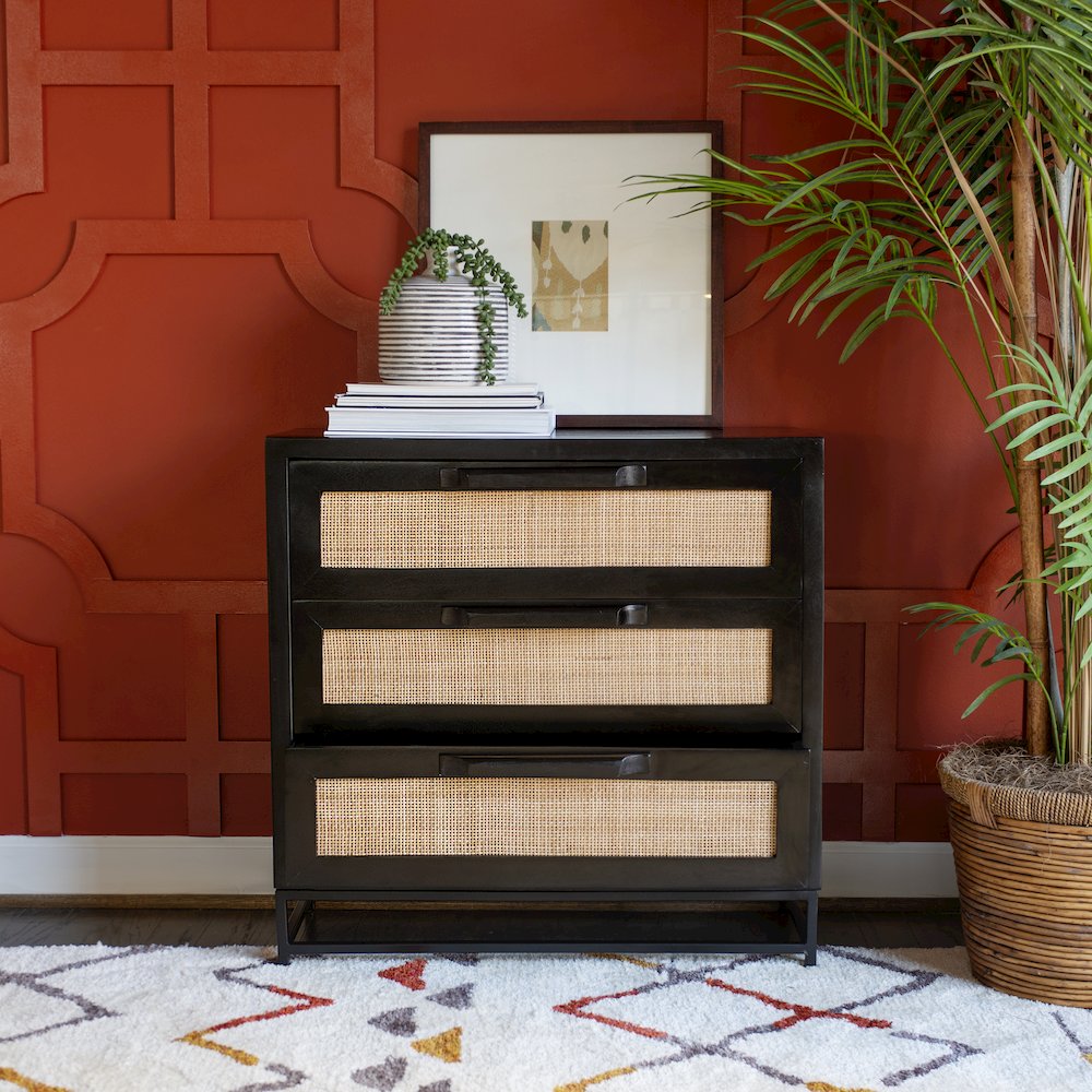 Janie Rattan Cabinet Three Drawers Black. Picture 5
