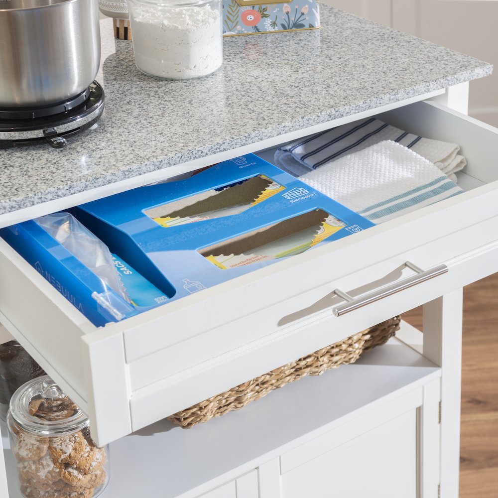 Cameron White Kitchen Cart With Granite Top. Picture 6