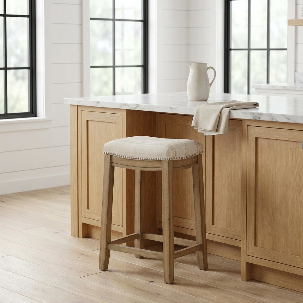 Rustic Stripe Counter Stool with Linen Weave Fabric and Metal Nail Heads. Picture 2