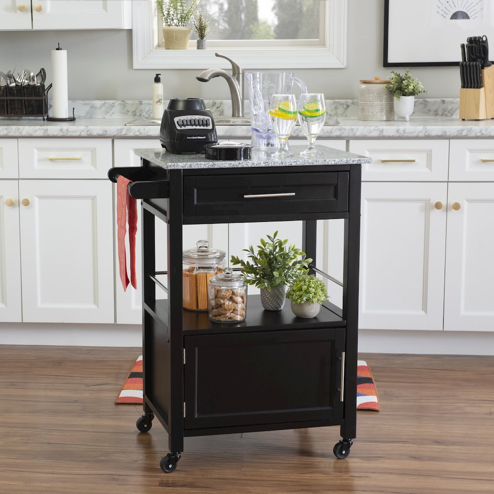Mitchell Black Kitchen Cart With Granite Top. Picture 3