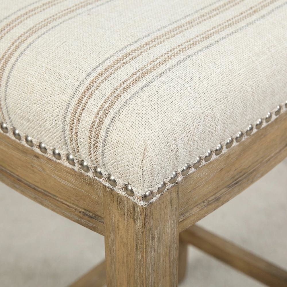 Rustic Stripe Counter Stool with Linen Weave Fabric and Metal Nail Heads. Picture 6