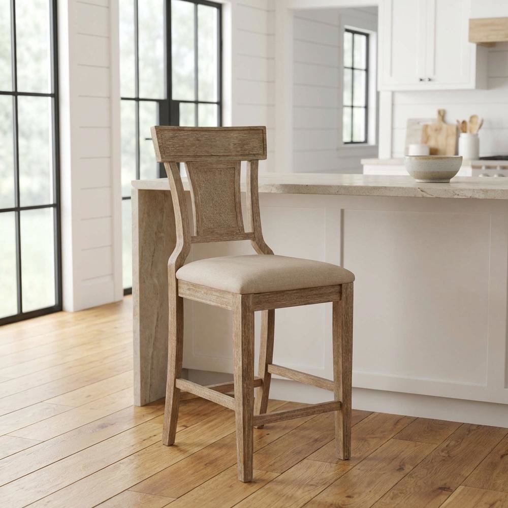 Brown Counter Stool with Solid Rubberwood Frame, Padded Seat & Linen Upholstery. Picture 2