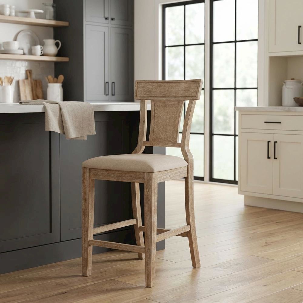 Brown Counter Stool with Solid Rubberwood Frame, Padded Seat & Linen Upholstery. Picture 4