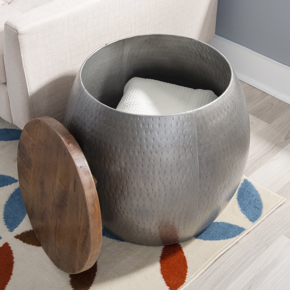 Royce Drum Side Table With Storage Pewter. Picture 4