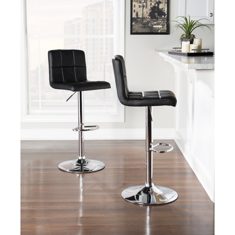 Black Quilted Faux Leather & Chrome Adjustable Height Bar Stool. Picture 3