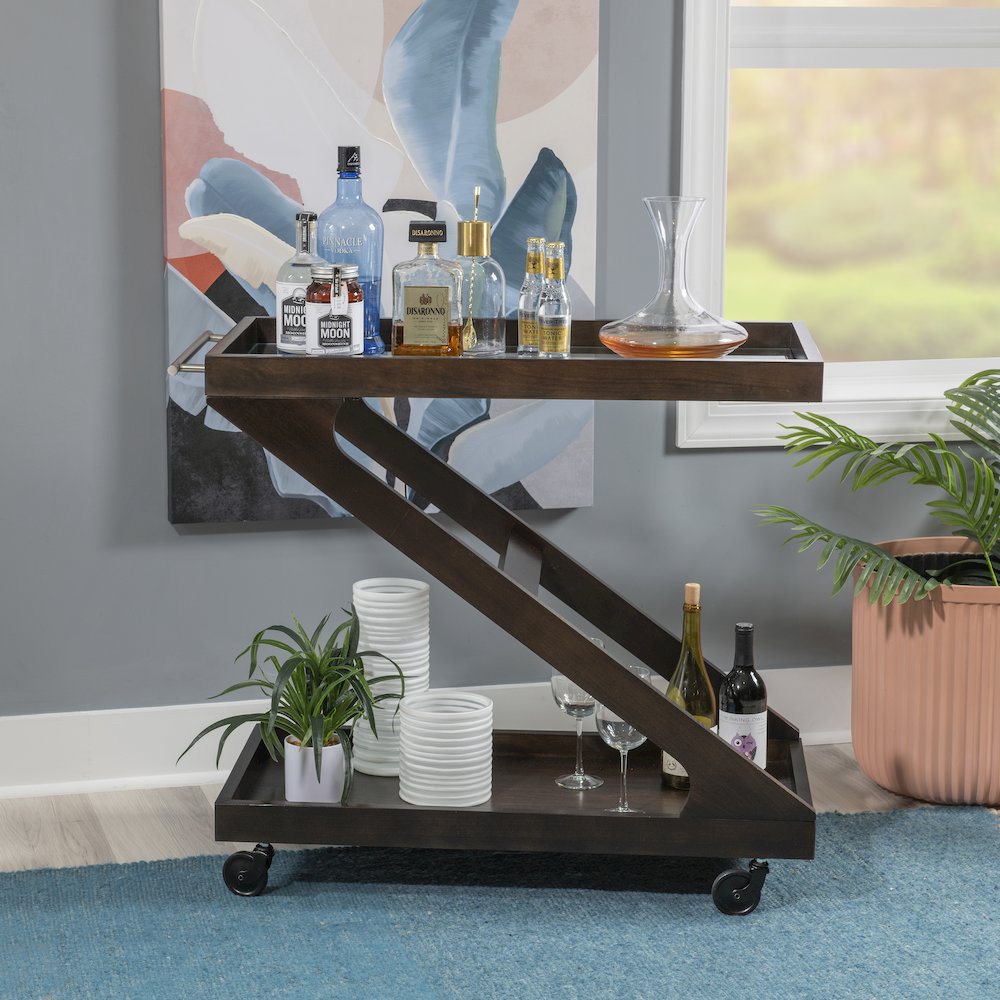 Marlon Wood Rolling Bar Cart Umber. Picture 2