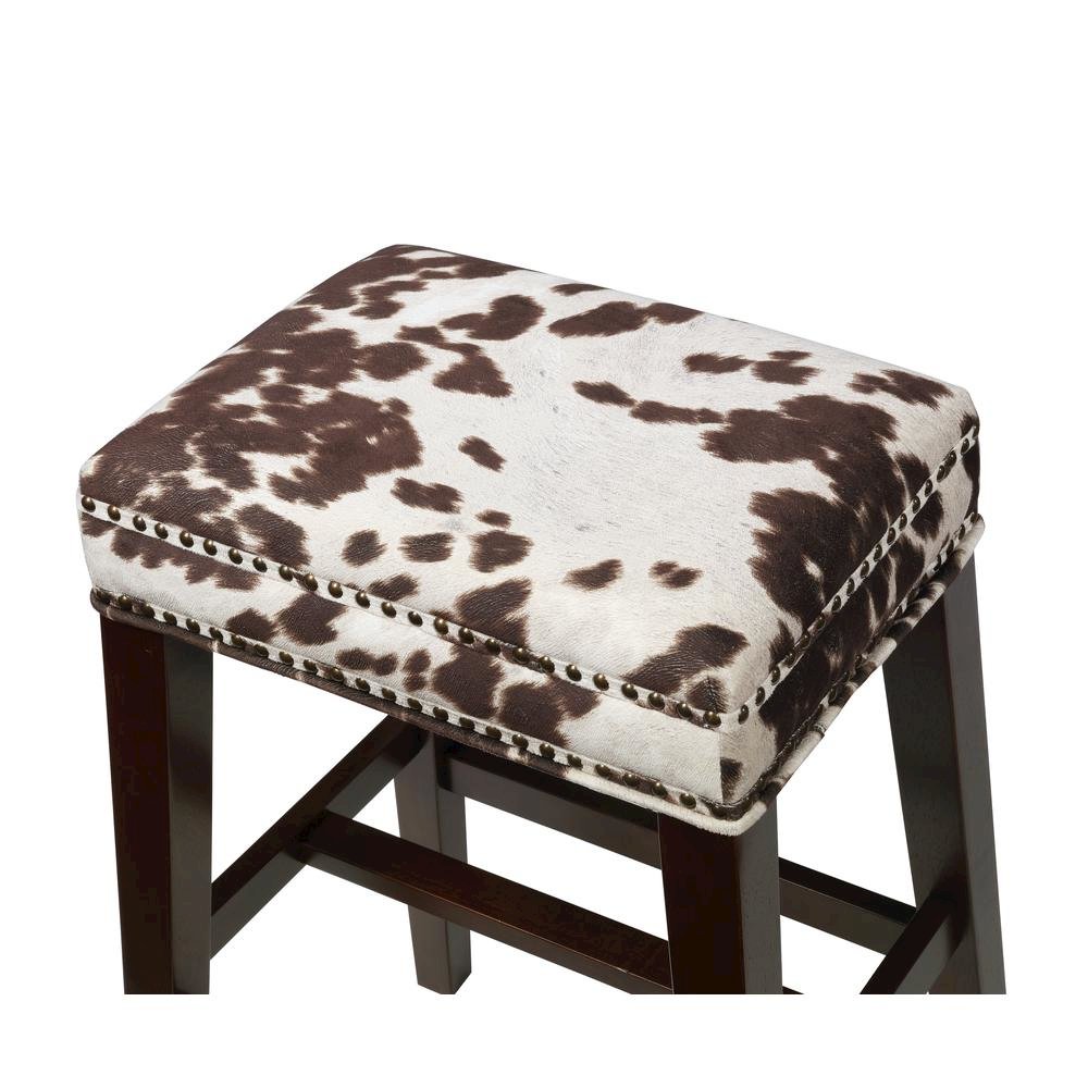 Brown Cow Print Counter Stool with Solid Wood Frame and Cushioned Seat. Picture 4