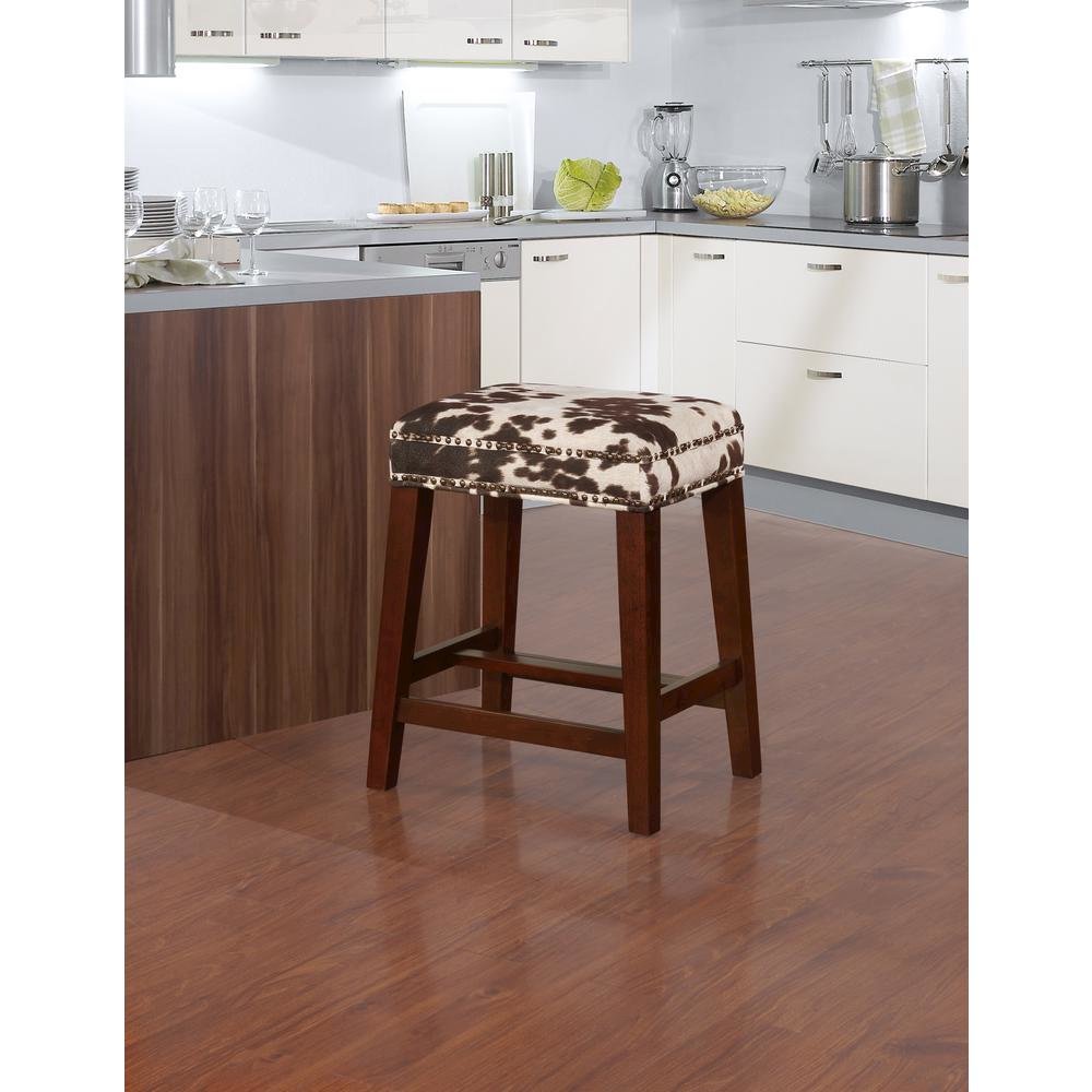 Brown Cow Print Counter Stool with Solid Wood Frame and Cushioned Seat. Picture 2