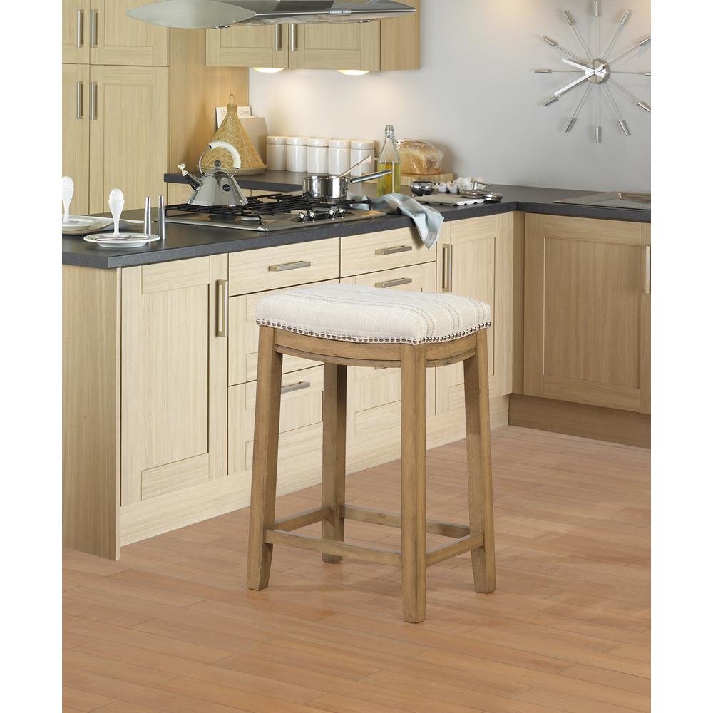 Rustic Stripe Counter Stool with Linen Weave Fabric and Metal Nail Heads. Picture 3