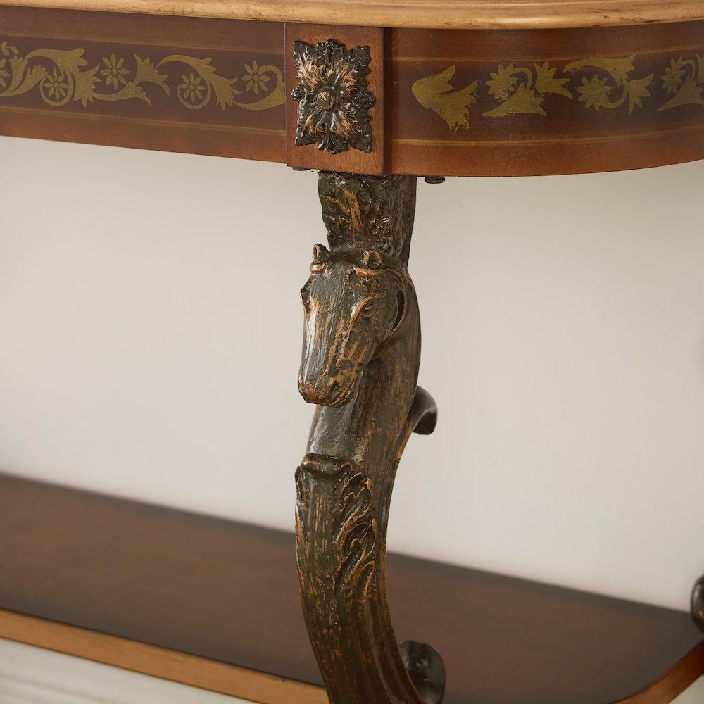 Masterpiece Floral Demilune Console Table with Horse head, Hoofed-foot Cast Legs & Display Shelf. Picture 5