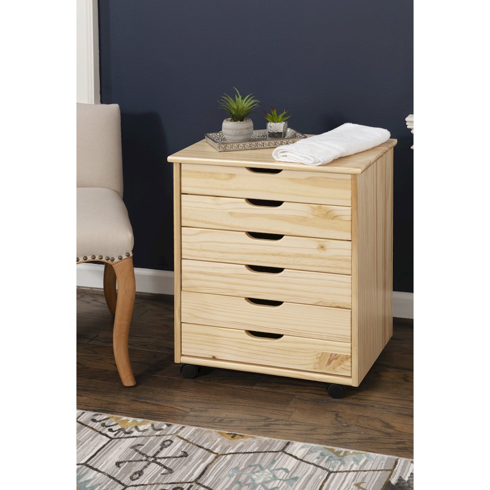 Cary Six Drawer Wide Roll Cart, Natural. Picture 3
