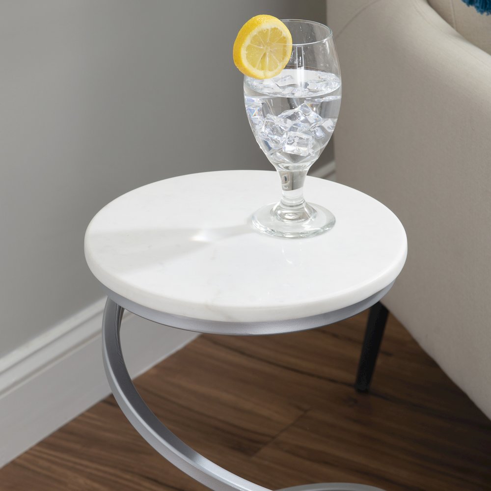 Rian Spiral Drink Table Silver White Marble. Picture 4