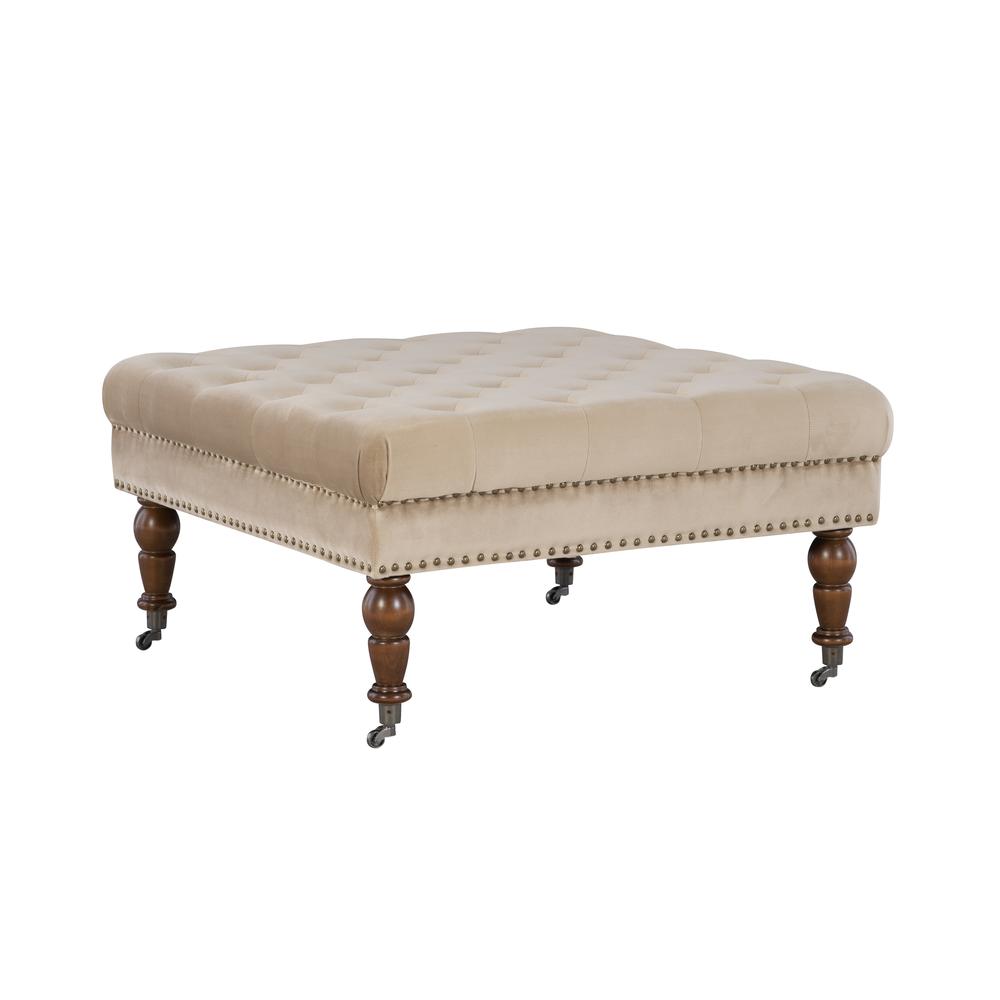 Isabelle Tan Velvet Square Tufted Ottoman. Picture 1