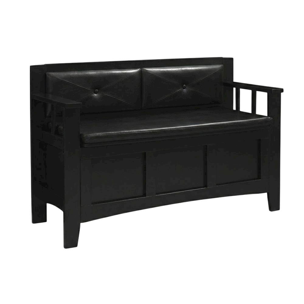 Padded Bench in Black Faux Leather with Wooden Frame and Cushioned Seat. Picture 1