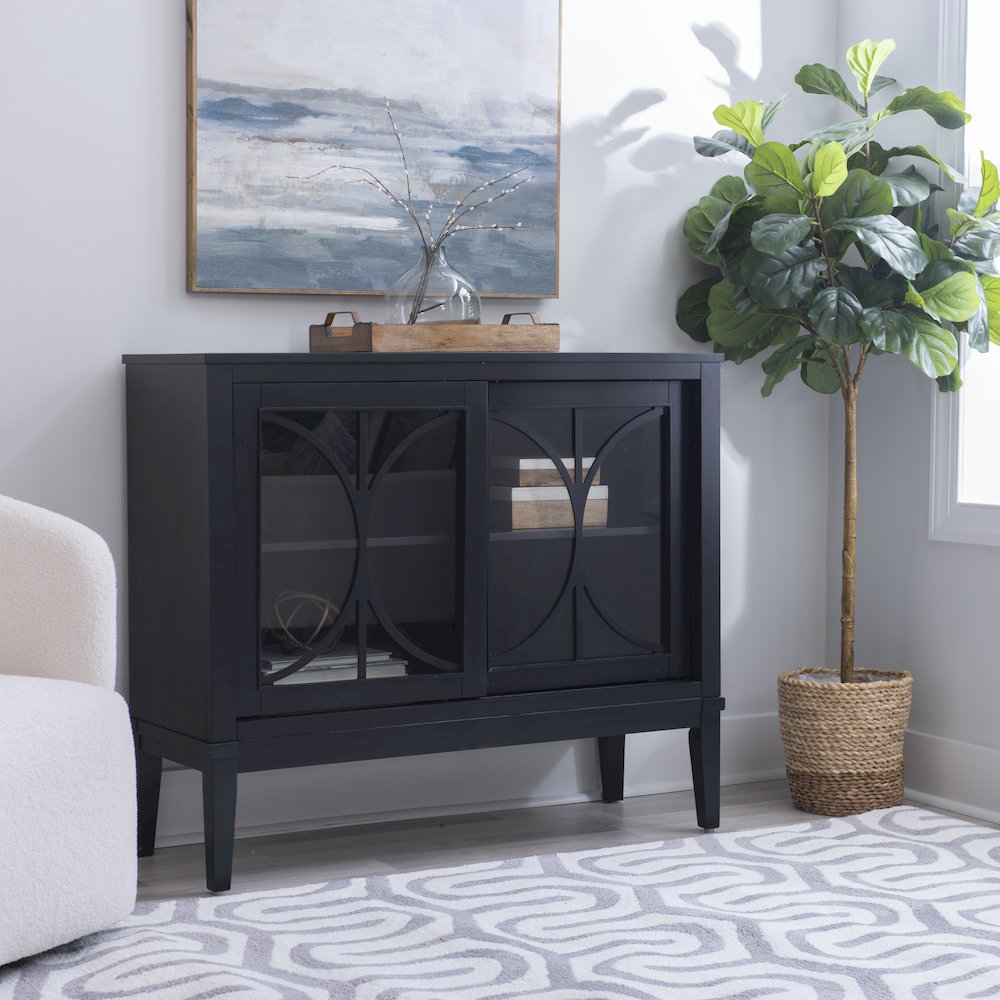 Monroe Wood 2 Sliding Door Accent Cabinet Midnight Blue. Picture 2