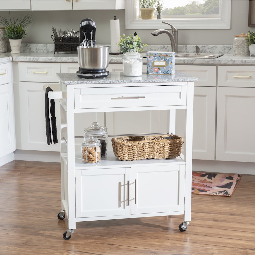 Cameron White Kitchen Cart With Granite Top. Picture 3