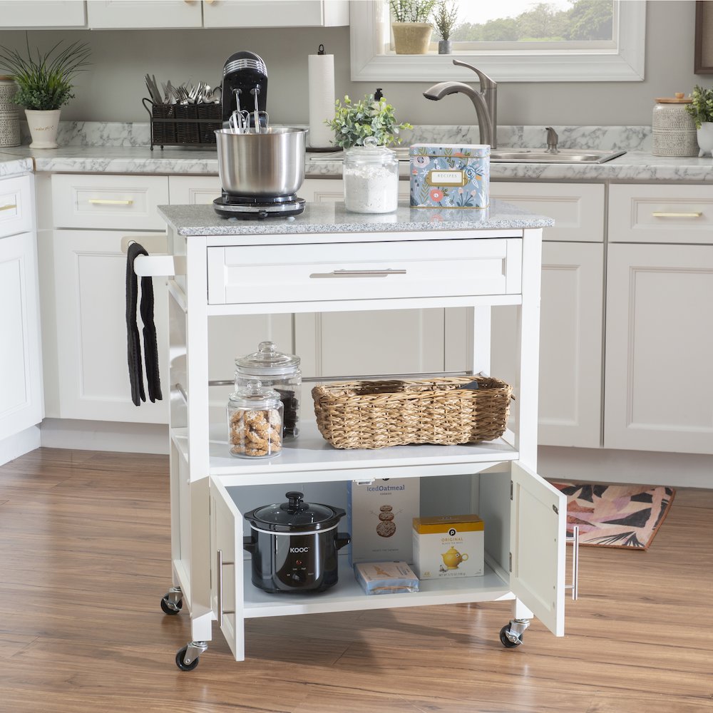 Cameron White Kitchen Cart With Granite Top. Picture 4