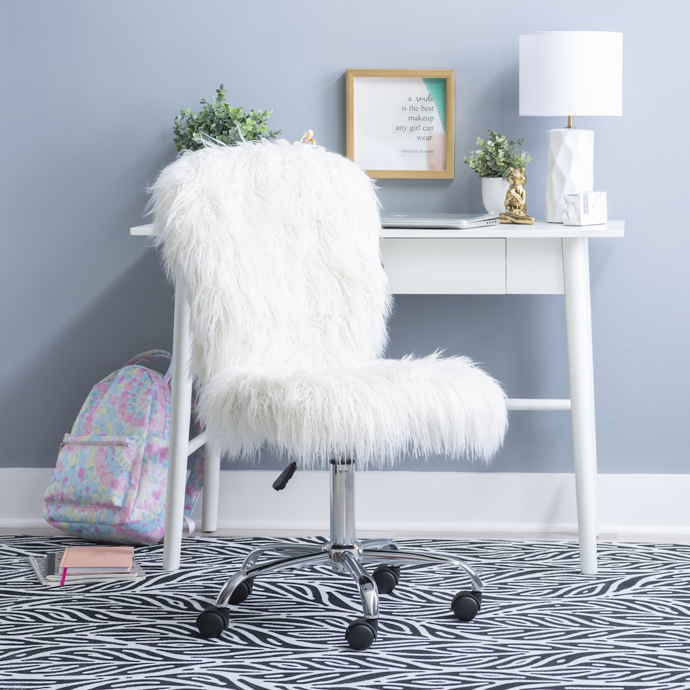 Faux Flokati Armless Office Chair, White. Picture 3