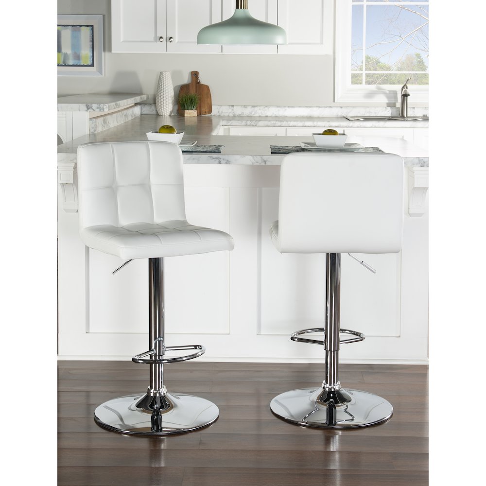 White Quilted Faux Leather & Chrome Adjustable Height Bar Stool. Picture 4