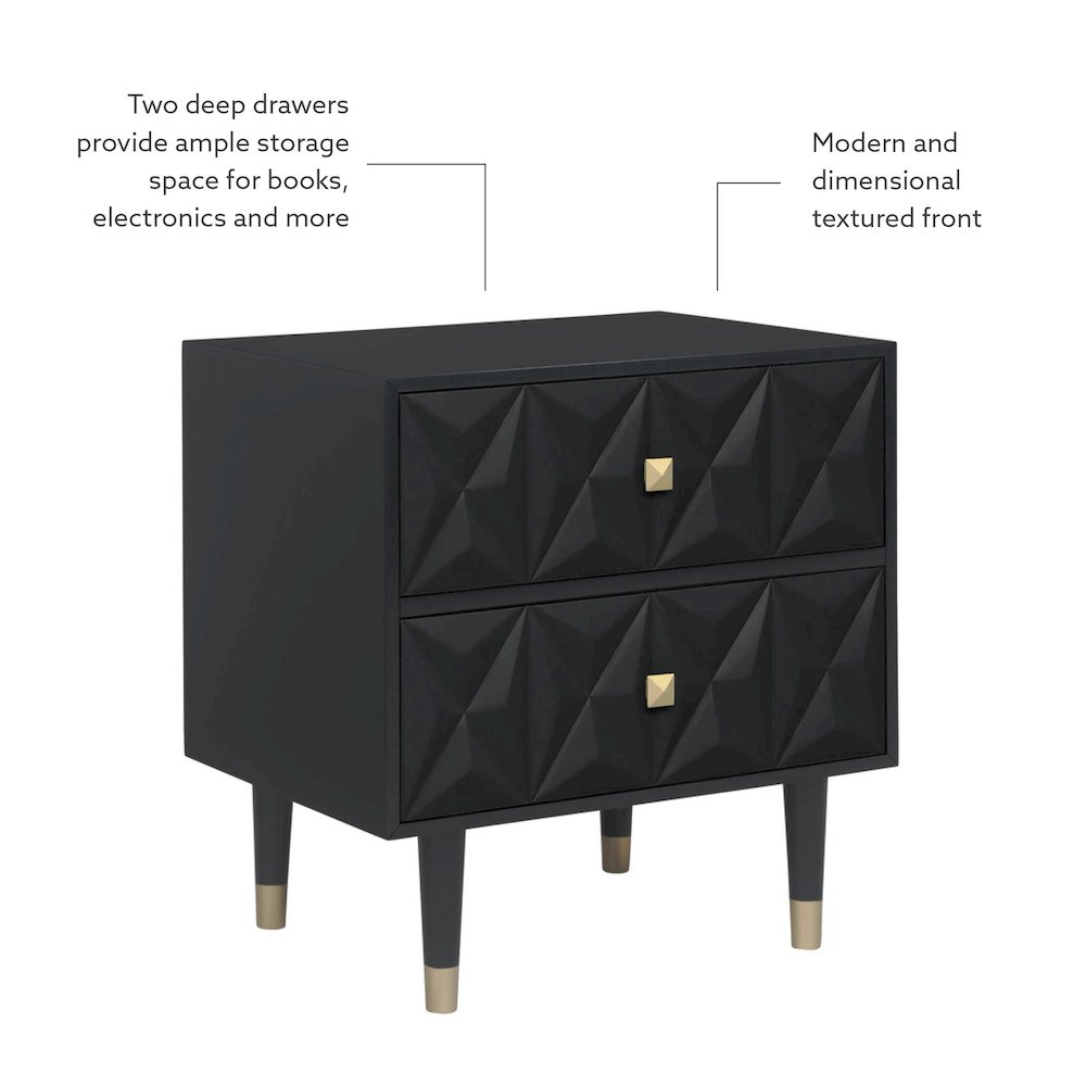 Two Drawer Geo Texture Nightstand Black. Picture 13