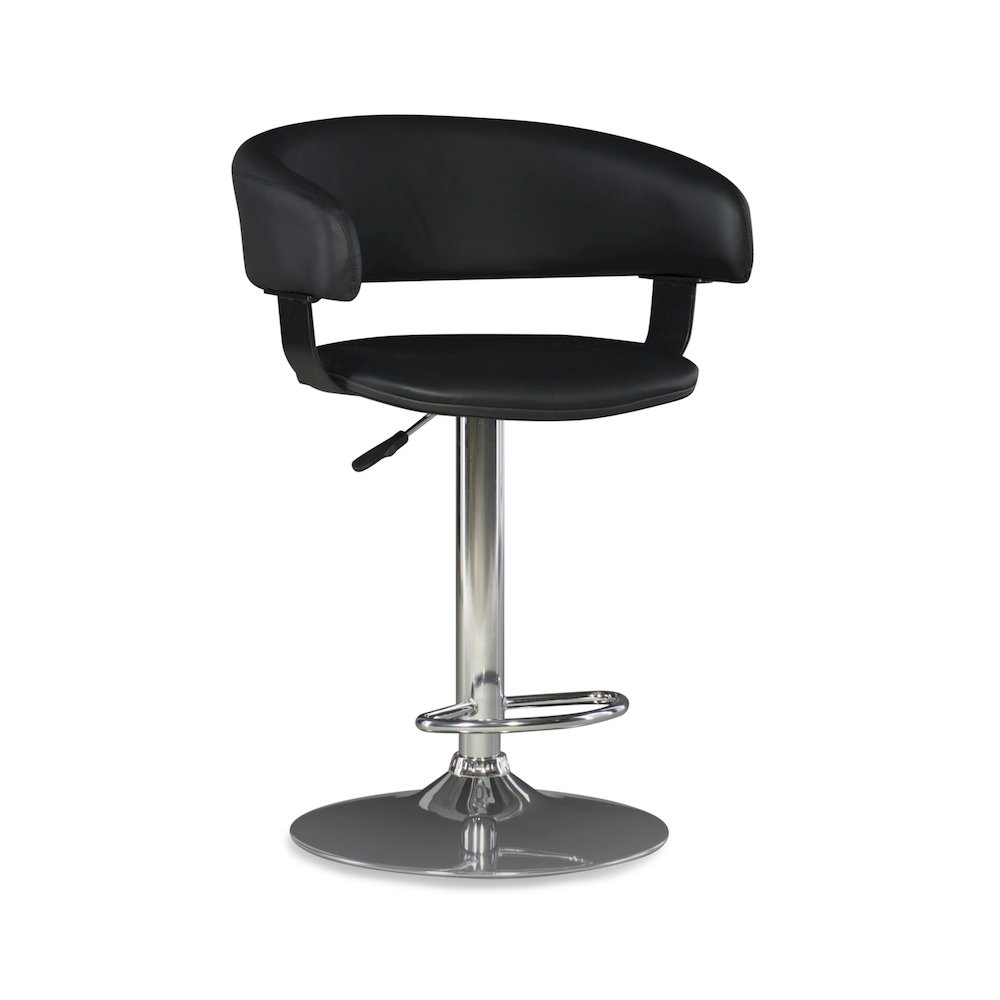 Black Faux Leather Barrel & Chrome Adjustable Height Bar Stool. Picture 1