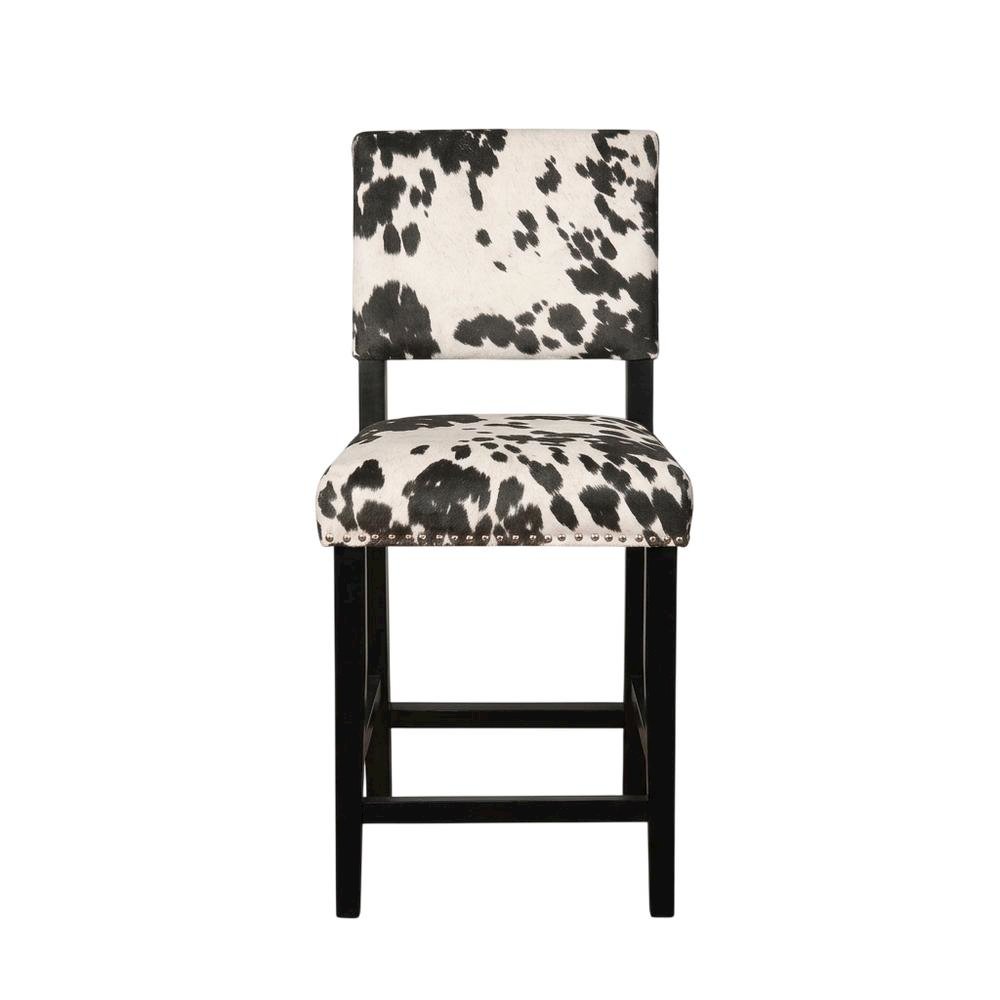 Black Cow Print Counter Stool with Foam Cushioned Seat and Wooden Frame. Picture 1
