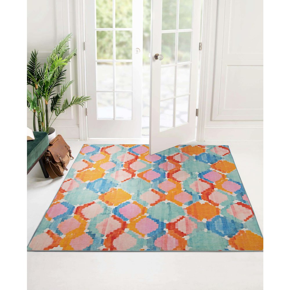 Outdoor Washable Panama Aqua & Orange 5' X7', Rug. Picture 1