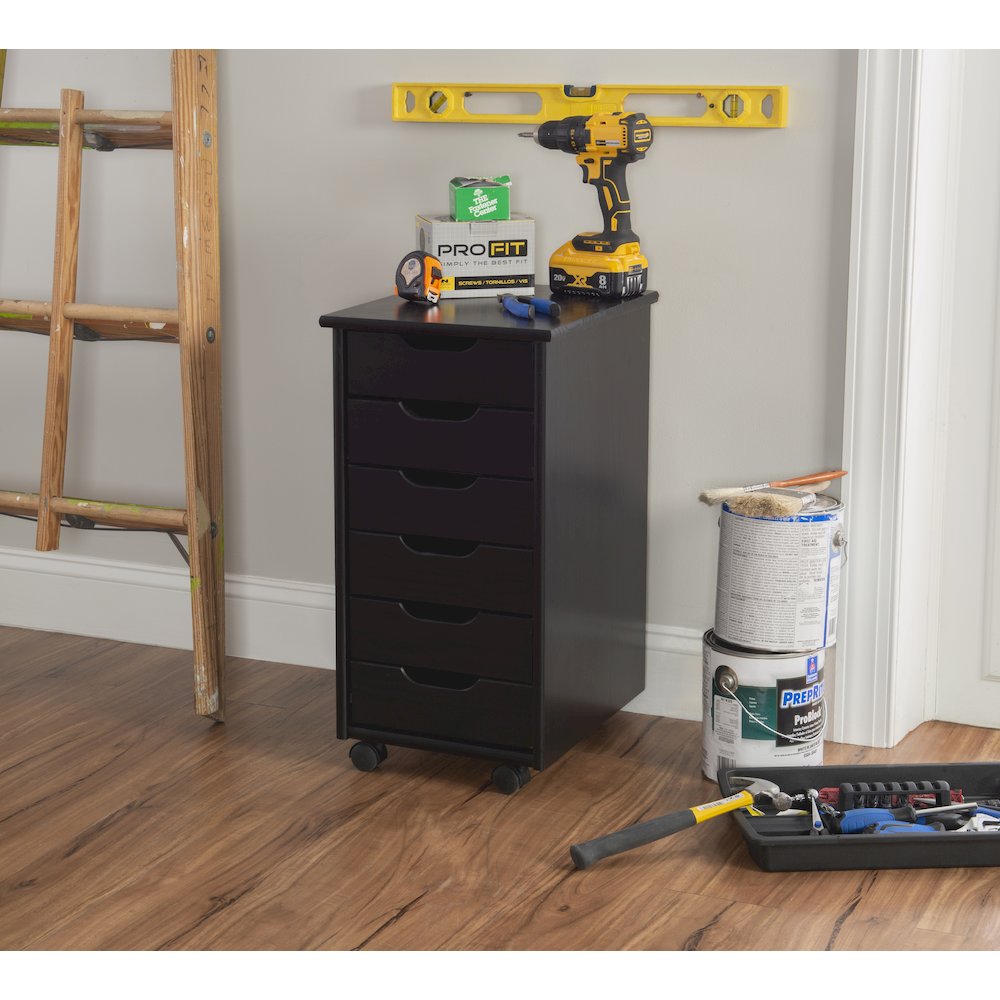 Cary Black Six Drawer Rolling Storage Cart Black. Picture 4