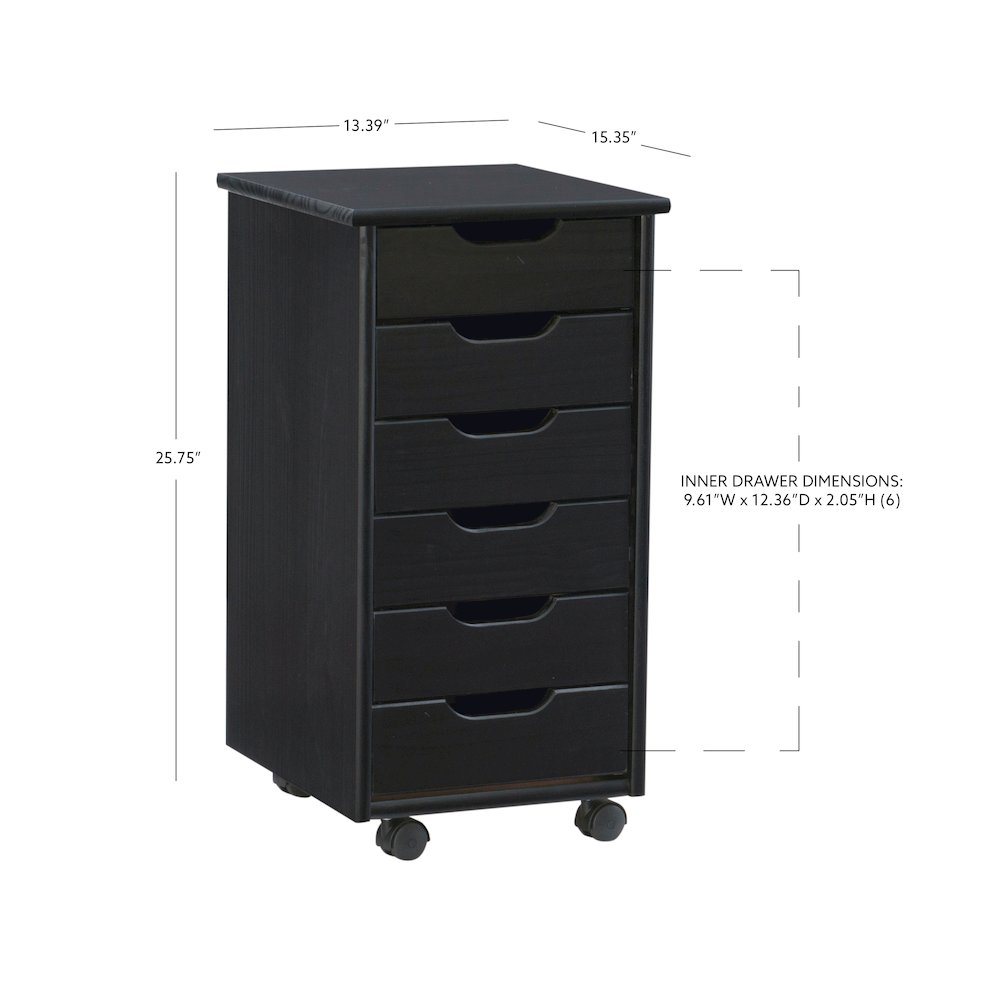 Cary Black Six Drawer Rolling Storage Cart Black. Picture 19
