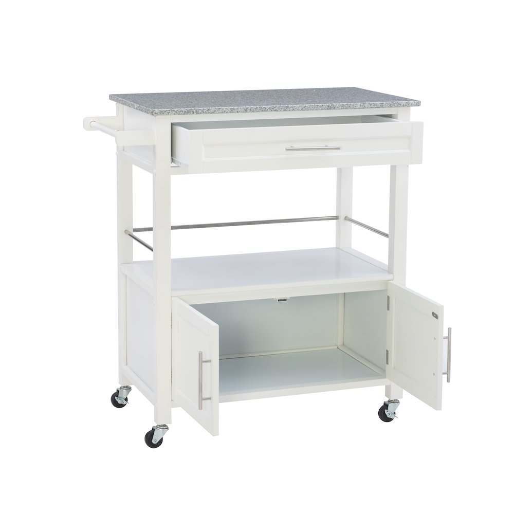 Cameron White Kitchen Cart With Granite Top. Picture 1