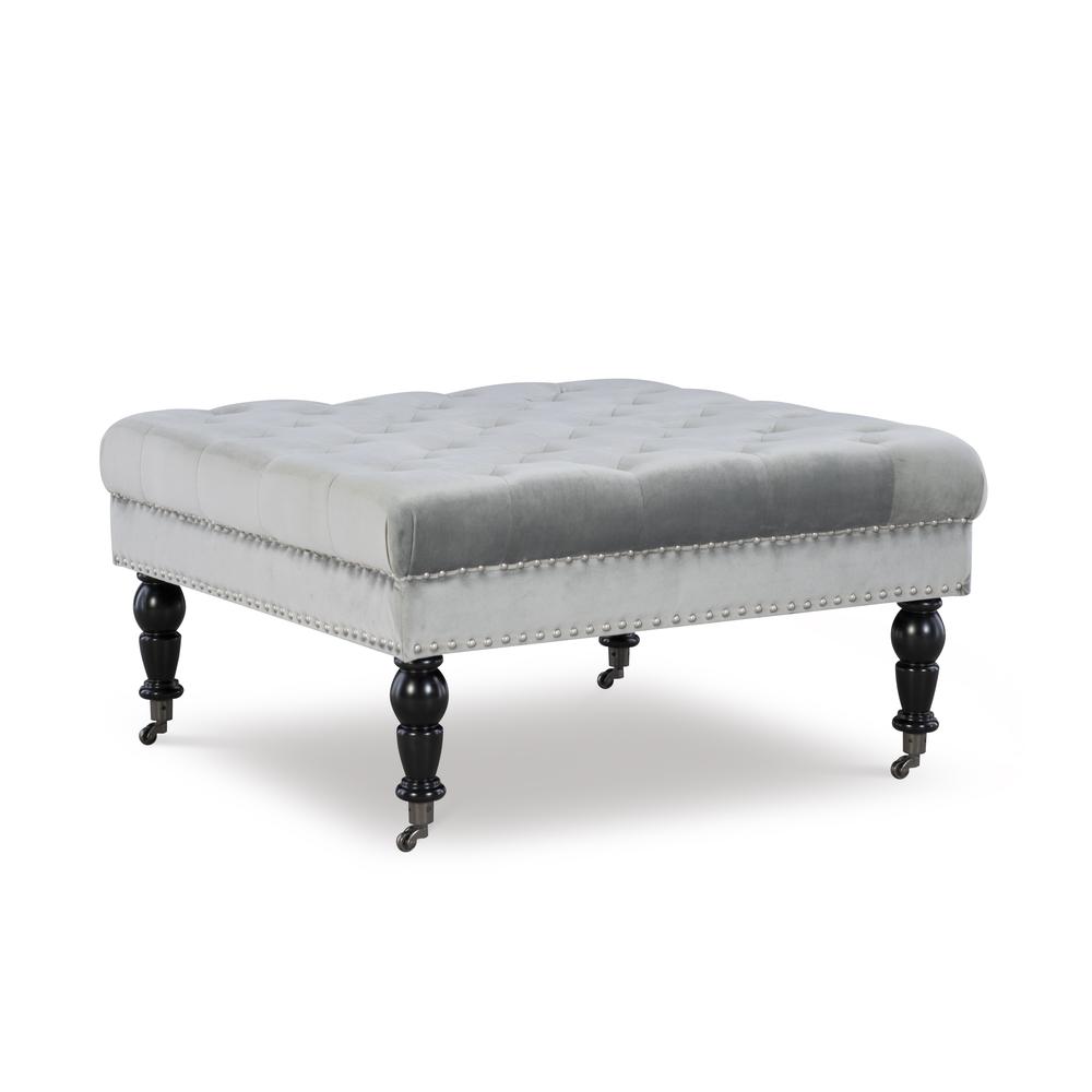 Isabelle Gray Velvet Square Tufted Ottoman. Picture 1