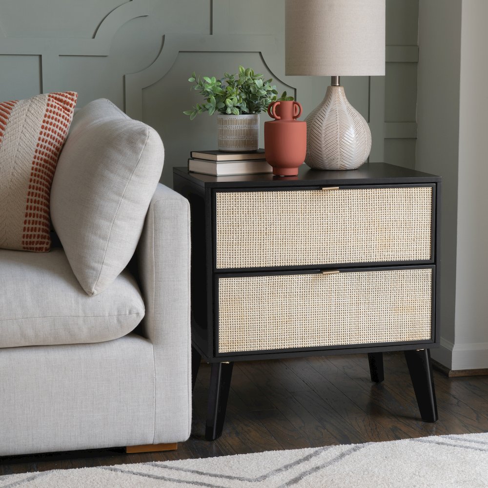 Collett Cane 2 Drawer Nightstand Black. Picture 2