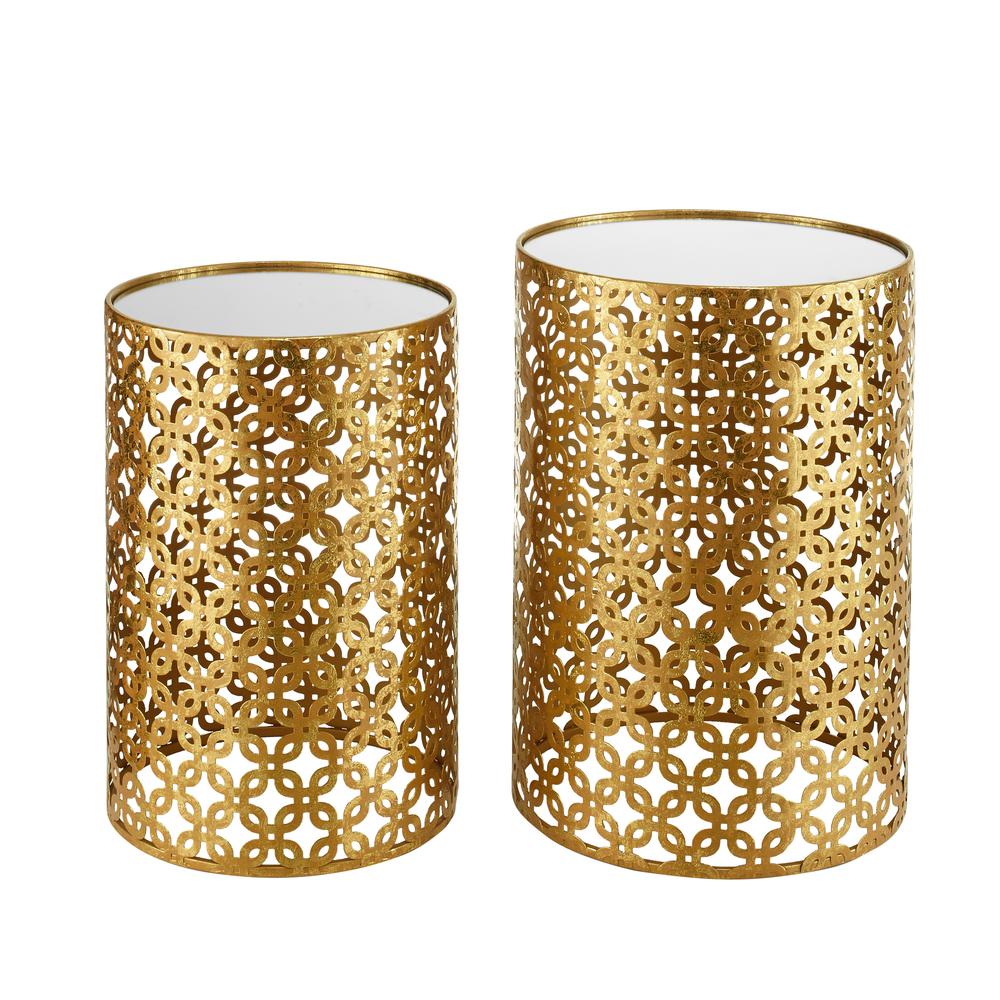 Set Of Two Round Gold Nested Tables With Mirror Tops. Picture 1