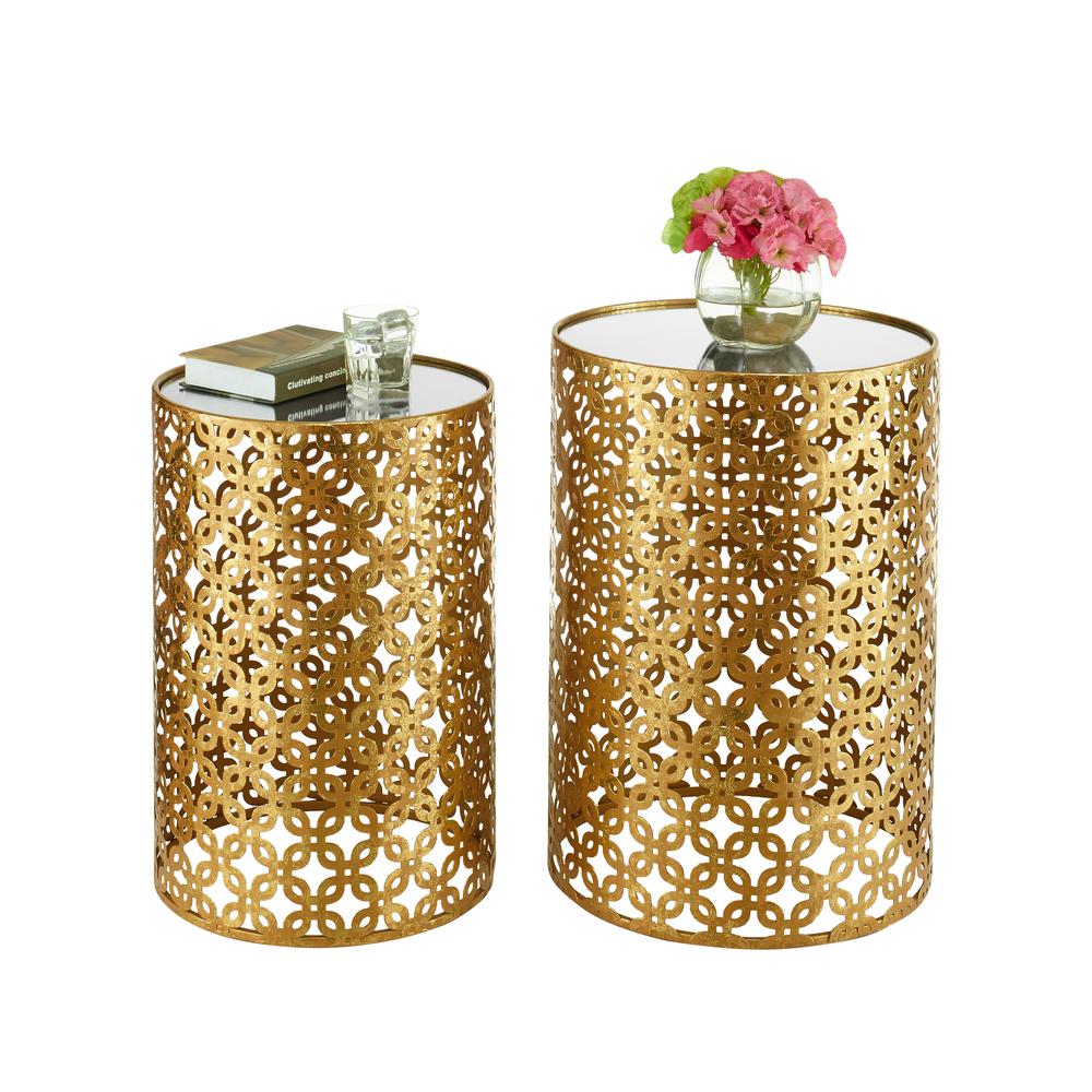 Set Of Two Round Gold Nested Tables With Mirror Tops. Picture 3