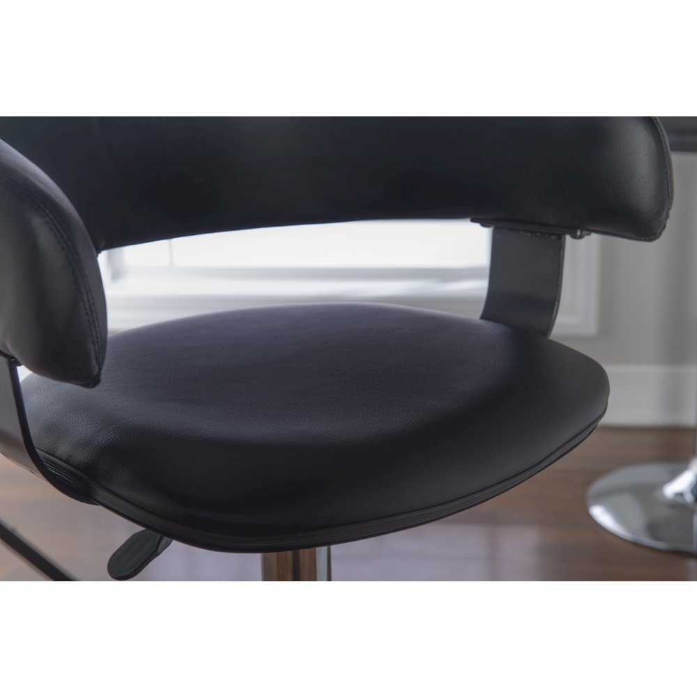 Black Faux Leather Barrel & Chrome Adjustable Height Bar Stool. Picture 4