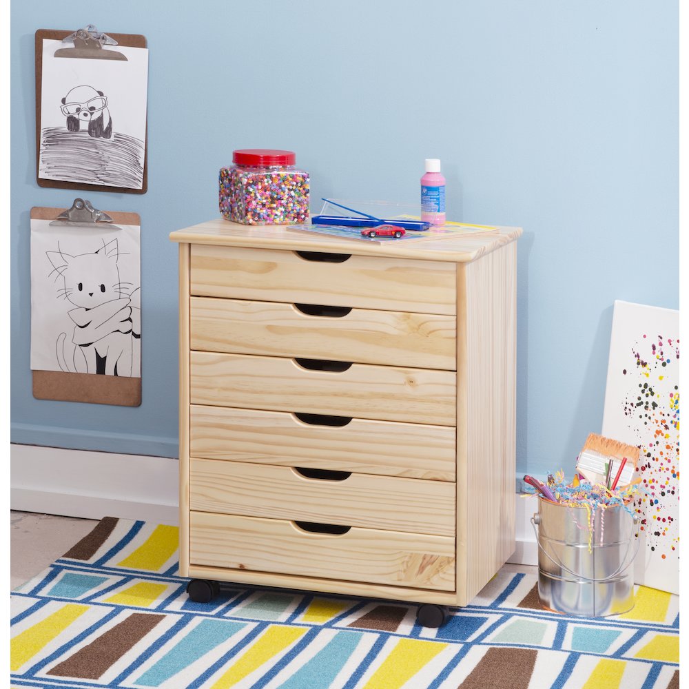 Cary Six Drawer Wide Roll Cart, Natural. Picture 5